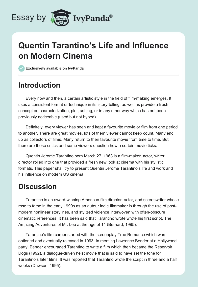 Quentin Tarantino’s Life and Influence on Modern Cinema. Page 1