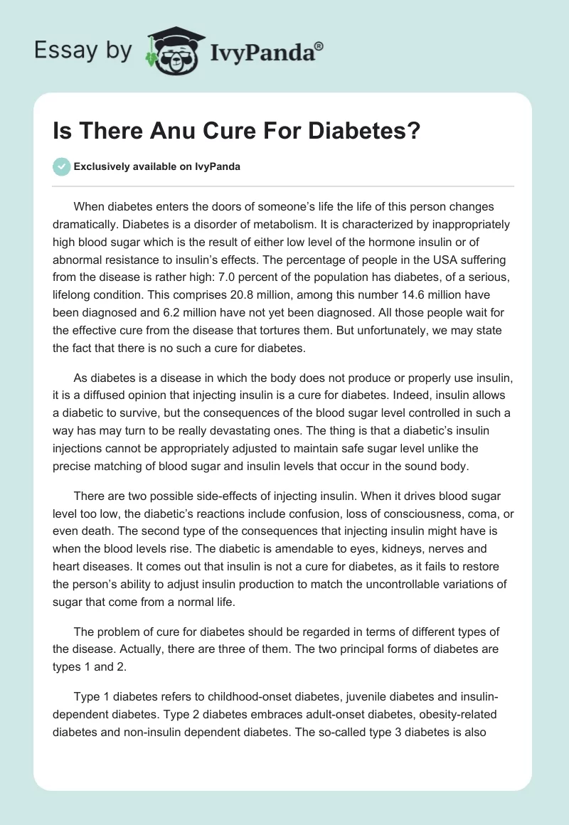 Is There Anu Cure For Diabetes?. Page 1