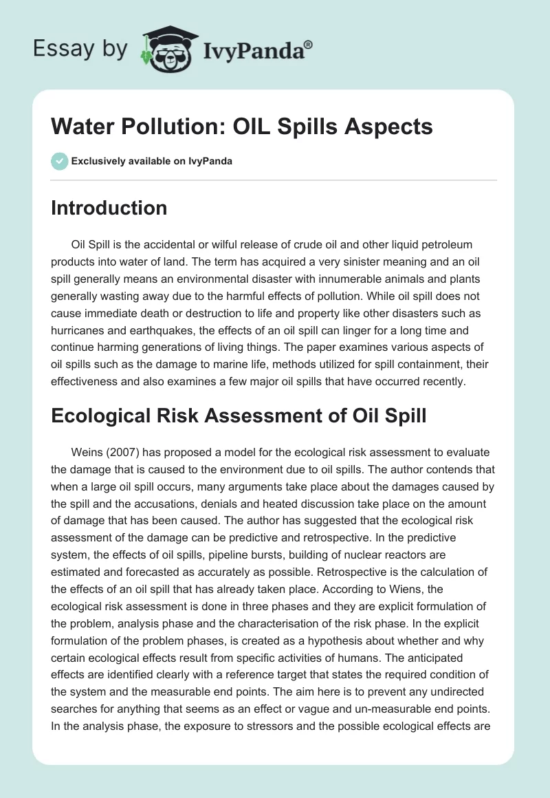 Water Pollution: OIL Spills Aspects. Page 1