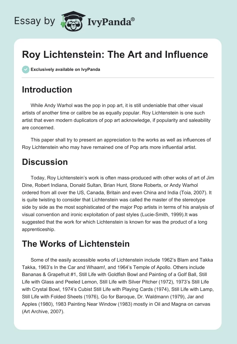 Roy Lichtenstein: The Art and Influence. Page 1