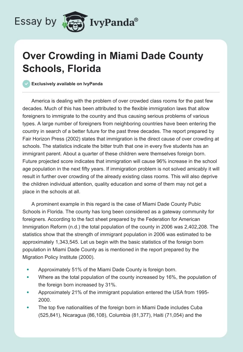 Over Crowding in Miami Dade County Schools, Florida. Page 1