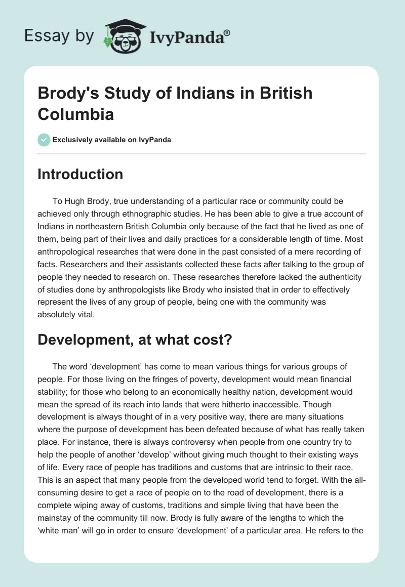 Brody's Study of Indians in British Columbia. Page 1
