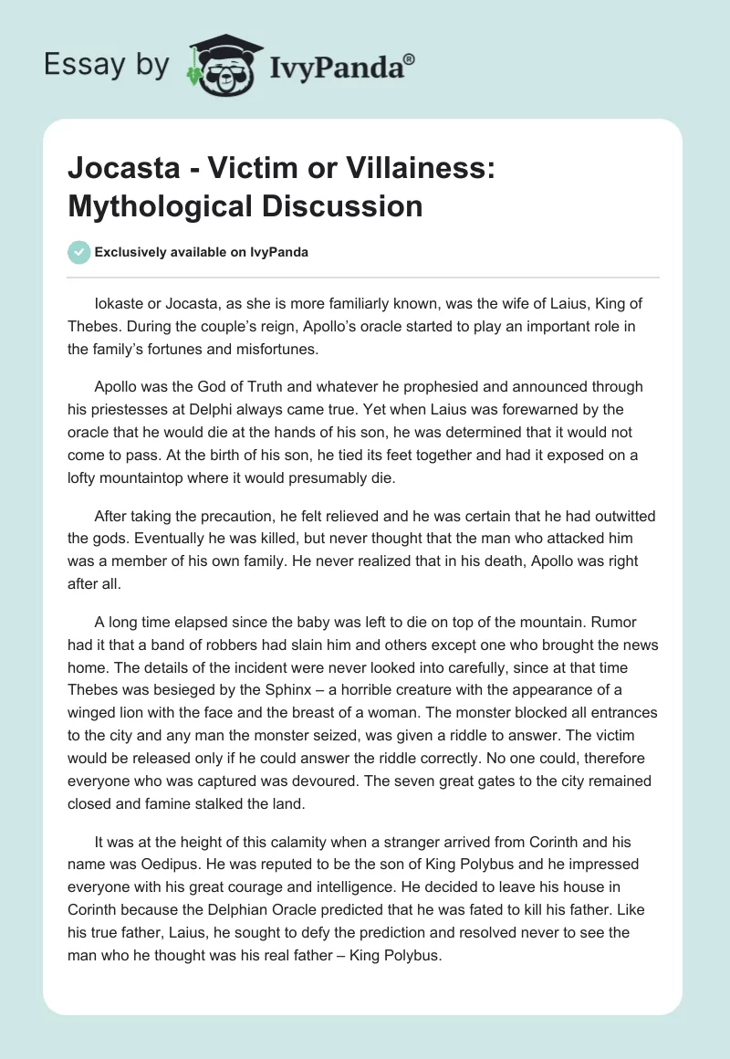 Jocasta - Victim or Villainess: Mythological Discussion. Page 1