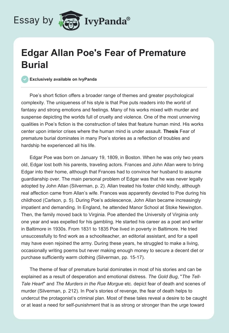 Edgar Allan Poe's Fear of Premature Burial. Page 1