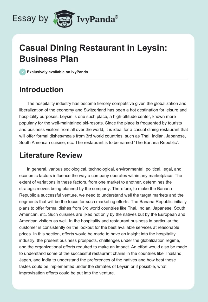 Casual Dining Restaurant in Leysin: Business Plan. Page 1