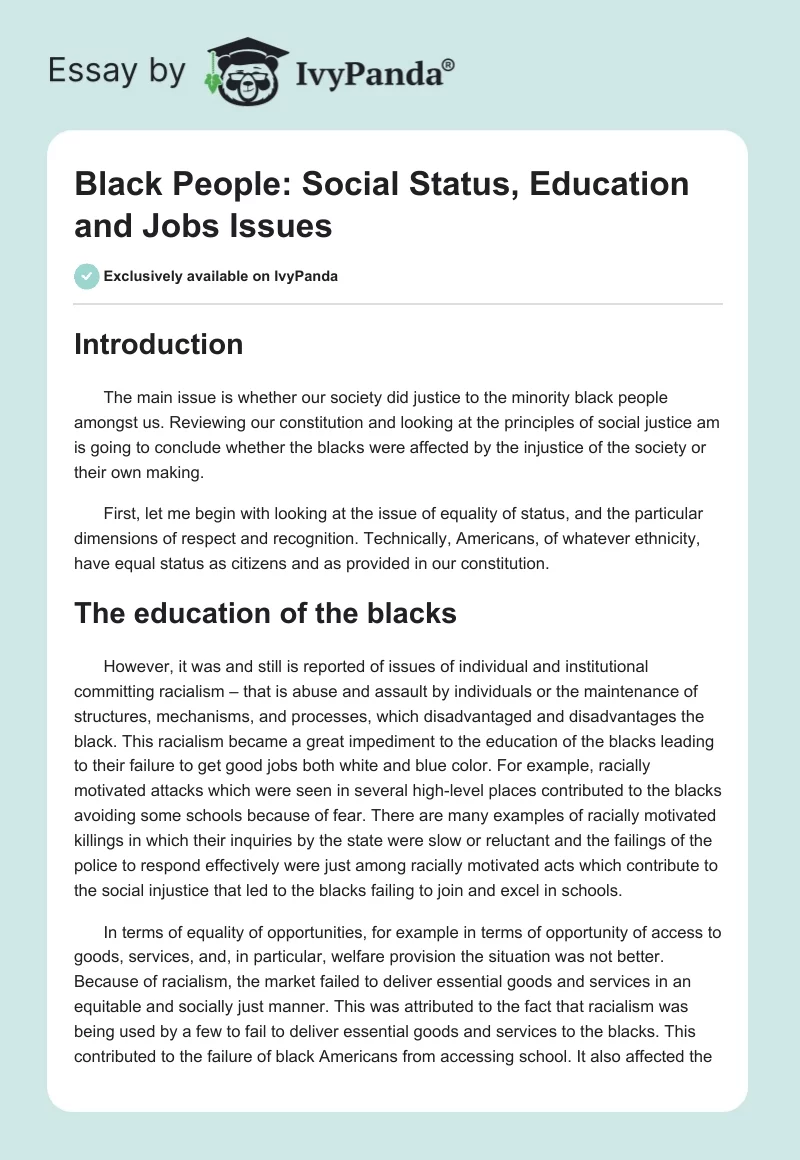 Black People: Social Status, Education and Jobs Issues. Page 1