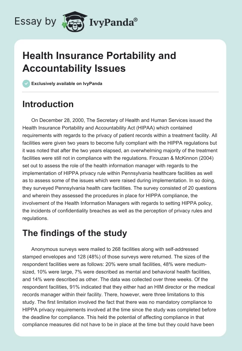 Health Insurance Portability and Accountability Issues. Page 1