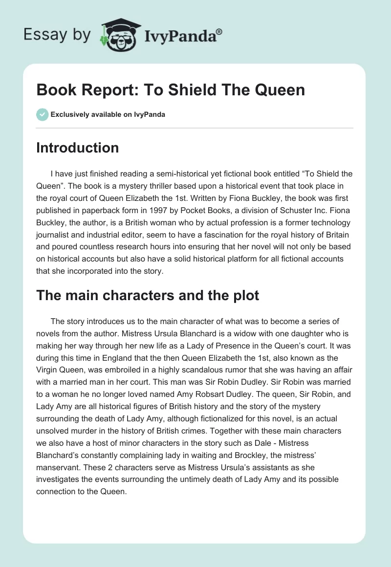 Book Report: To Shield The Queen. Page 1