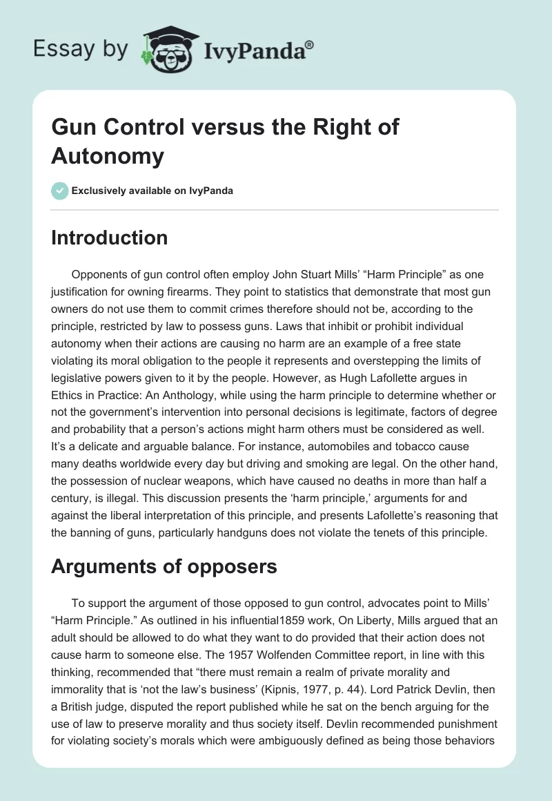 Gun Control versus the Right of Autonomy. Page 1