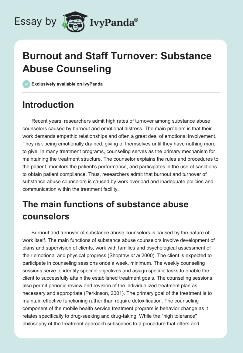 Burnout and Staff Turnover: Substance Abuse Counseling. Page 1