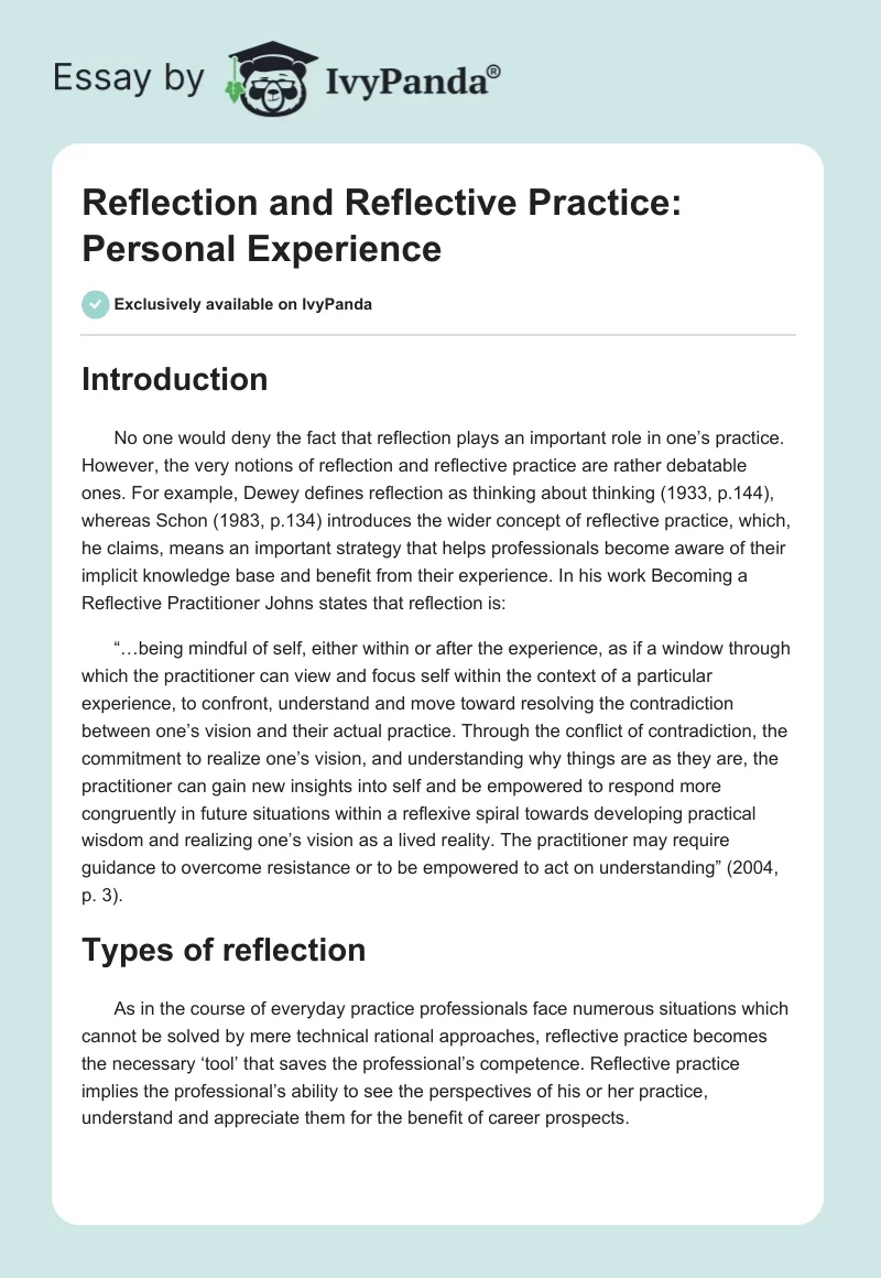 Reflection and Reflective Practice: Personal Experience. Page 1