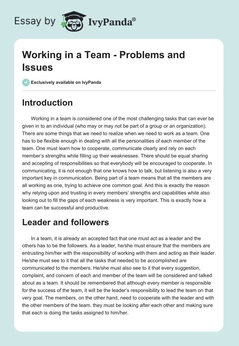 Working in a Team - Problems and Issues. Page 1