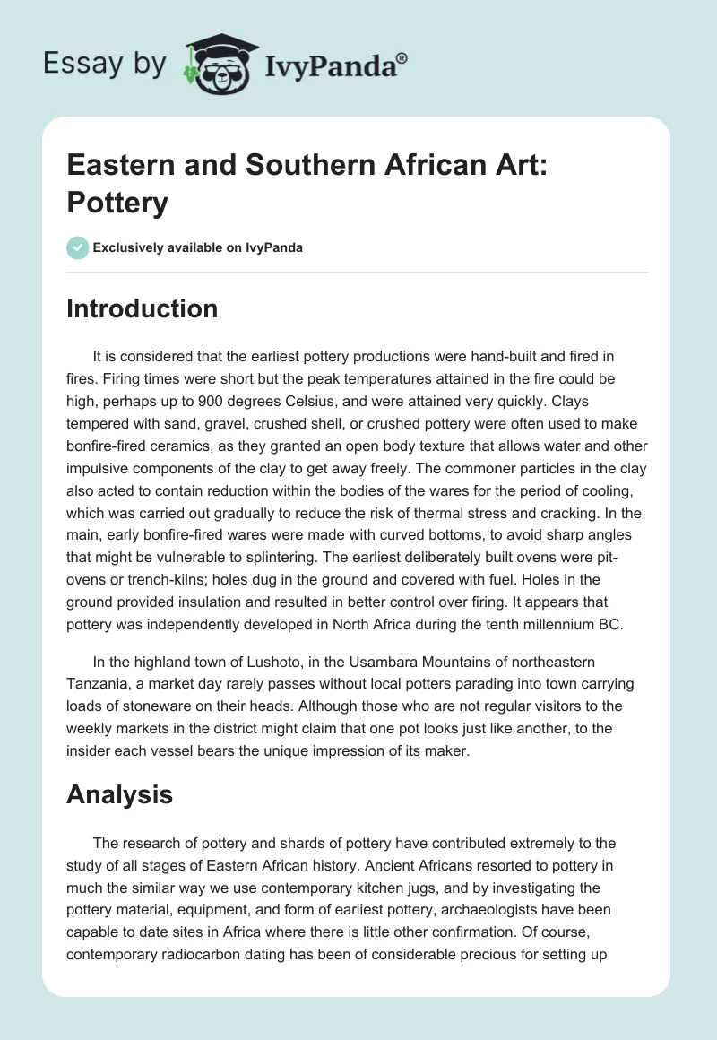 Eastern and Southern African Art: Pottery. Page 1