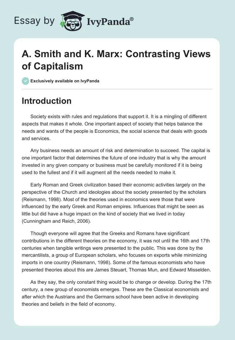 A. Smith and K. Marx: Contrasting Views of Capitalism. Page 1