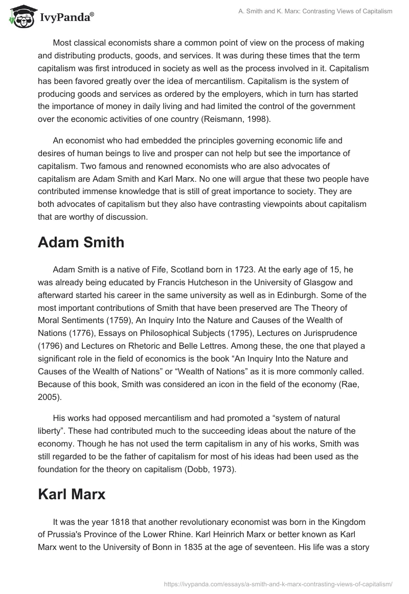 A. Smith and K. Marx: Contrasting Views of Capitalism - 2082 Words ...