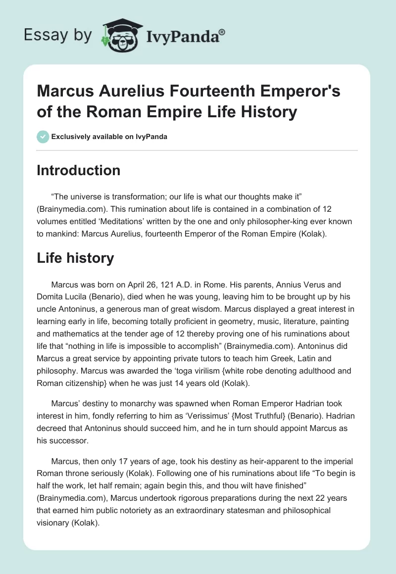 Marcus Aurelius Fourteenth Emperor's of the Roman Empire Life History. Page 1