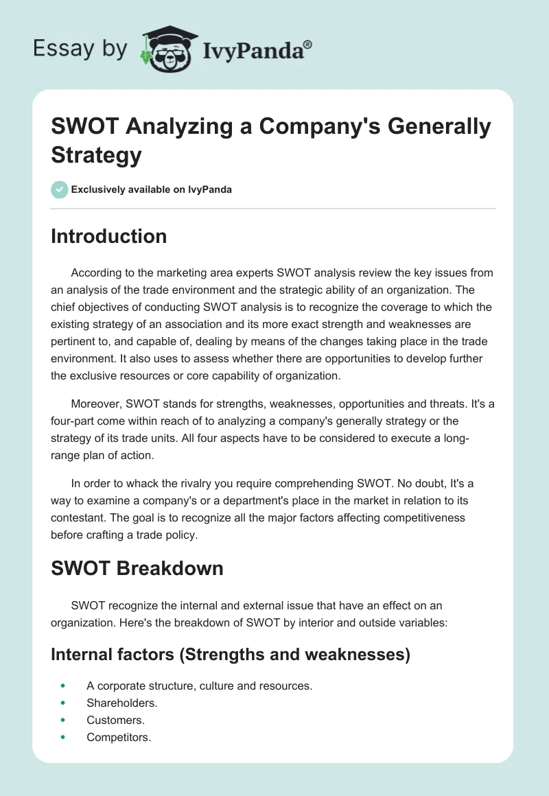 SWOT Analyzing a Company's Generally Strategy. Page 1