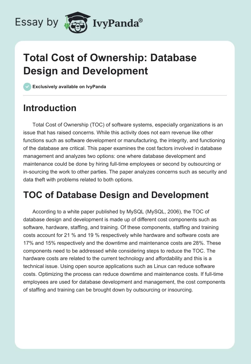Total Cost of Ownership: Database Design and Development. Page 1