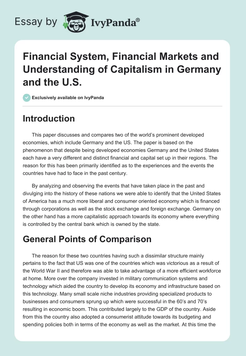 Financial System, Financial Markets and Understanding of Capitalism in Germany and the U.S.. Page 1