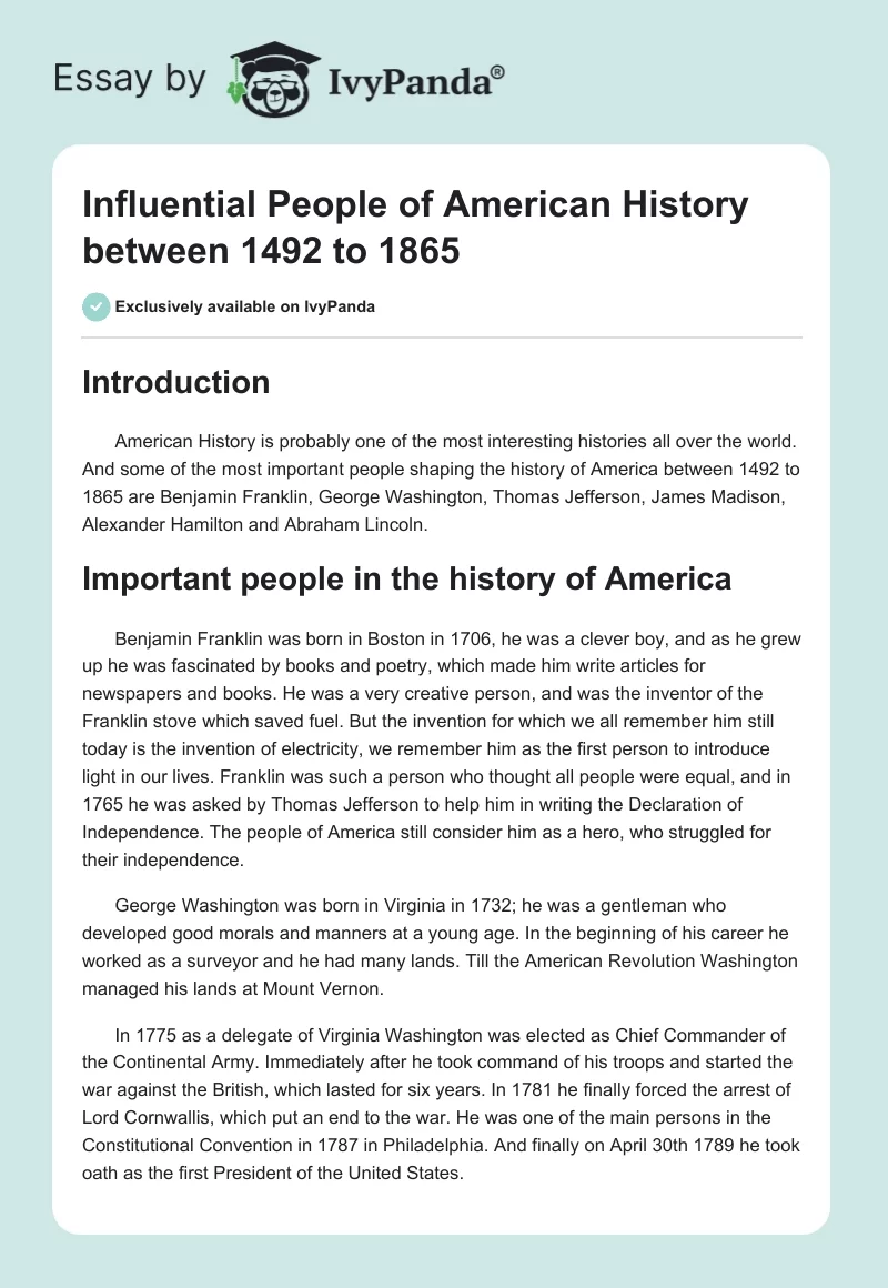 Influential People of American History between 1492 to 1865. Page 1