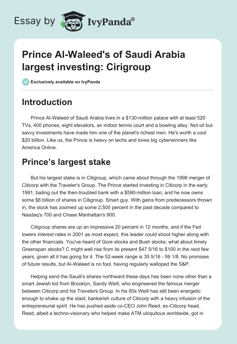 Prince Al-Waleed's of Saudi Arabia largest investing: Cirigroup. Page 1