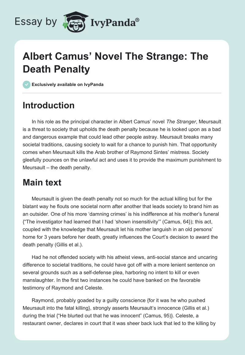 Albert Camus’ Novel "The Strange": The Death Penalty. Page 1