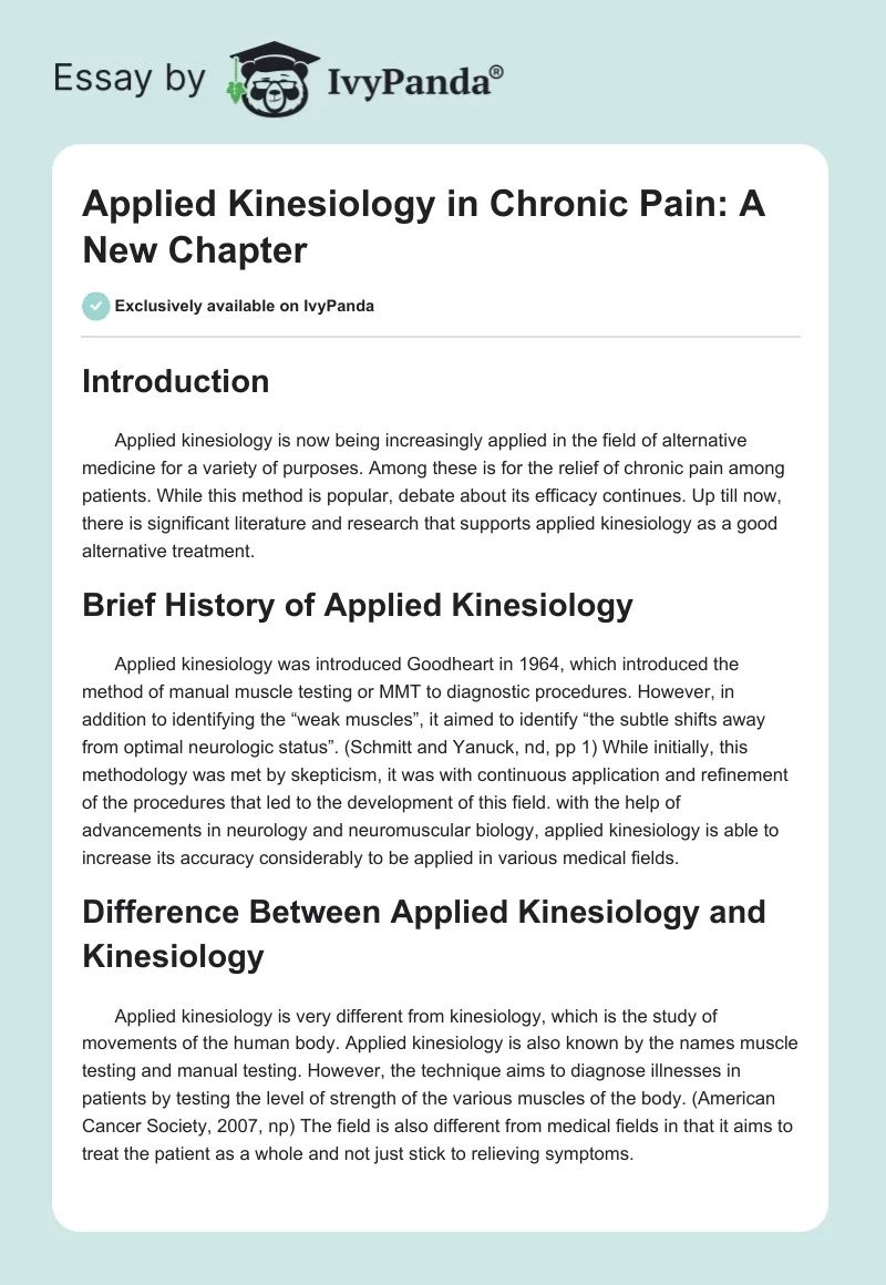 Applied Kinesiology in Chronic Pain: A New Chapter. Page 1