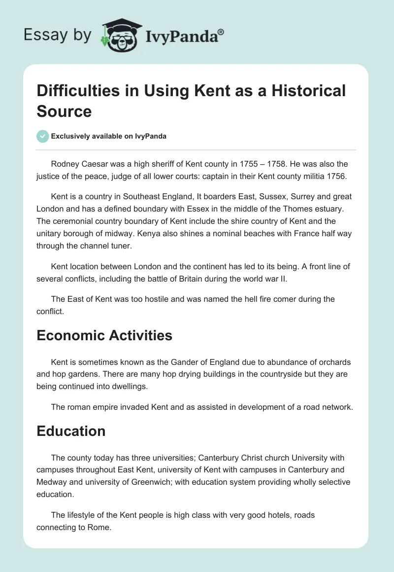 Difficulties in Using Kent as a Historical Source. Page 1