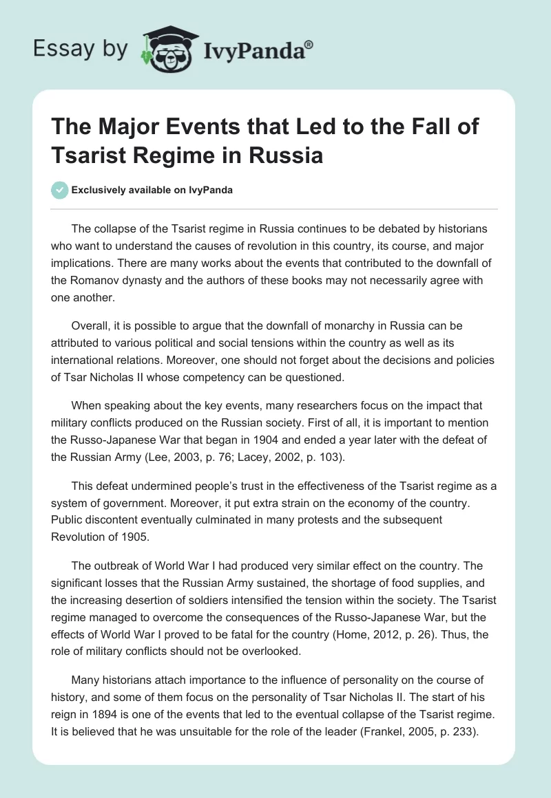 The Major Events that Led to the Fall of Tsarist Regime in Russia. Page 1