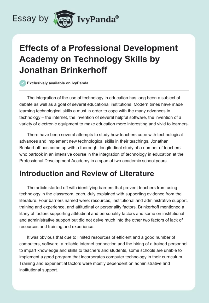 "Effects of a Professional Development Academy on Technology Skills" by Jonathan Brinkerhoff. Page 1