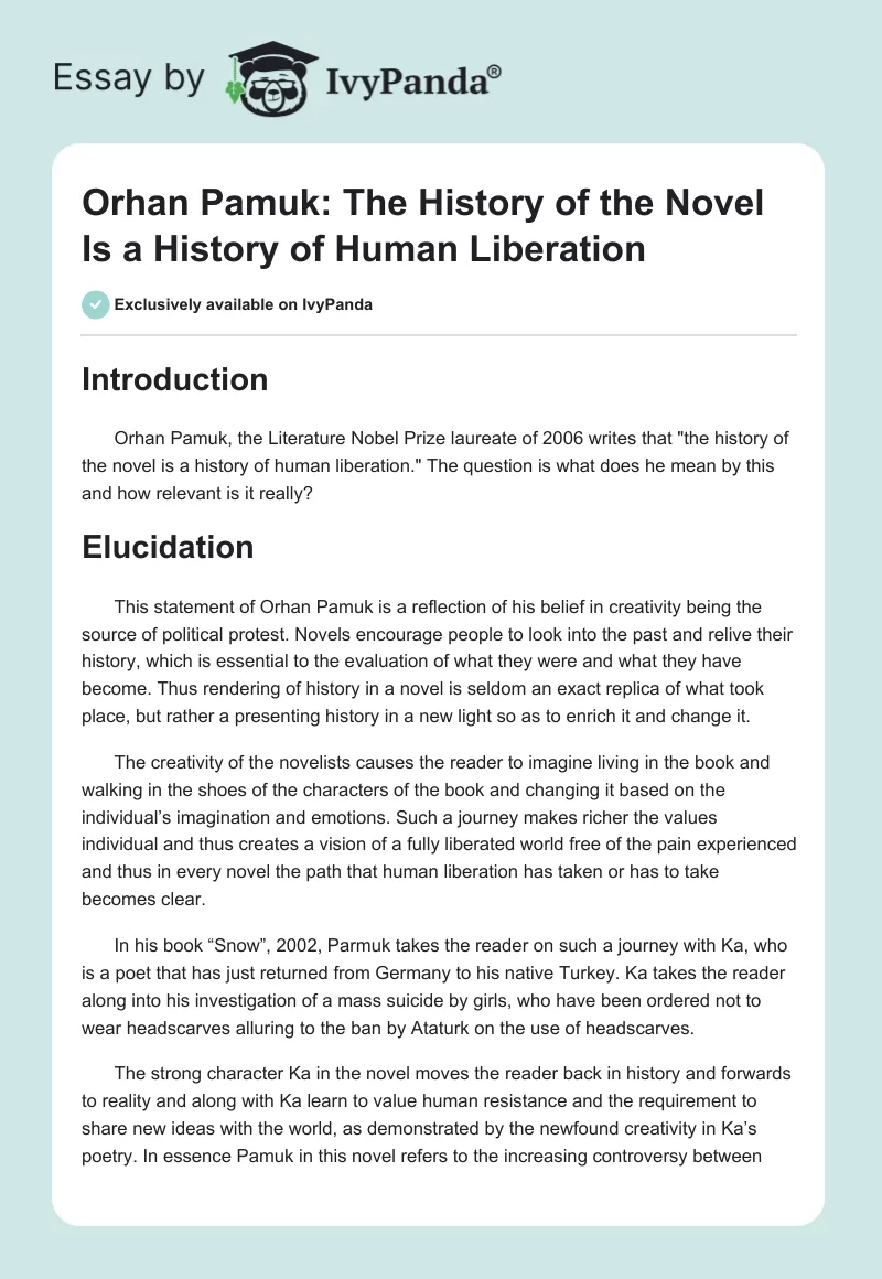 Orhan Pamuk: The History of the Novel Is a History of Human Liberation. Page 1