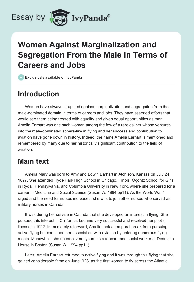 Women Against Marginalization and Segregation From the Male in Terms of Careers and Jobs. Page 1