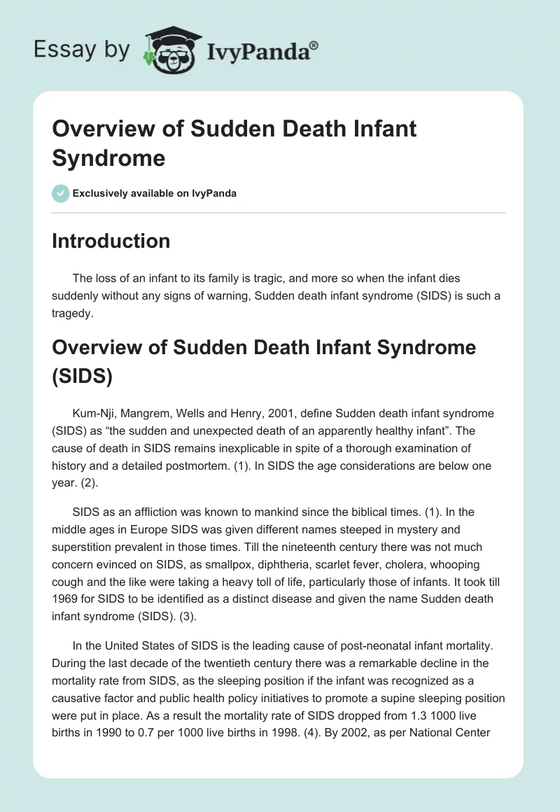 Overview of Sudden Death Infant Syndrome. Page 1