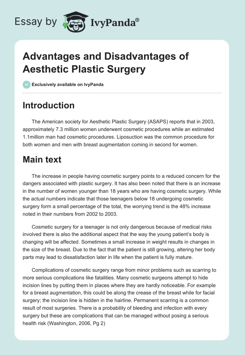 Advantages and Disadvantages of Aesthetic Plastic Surgery. Page 1
