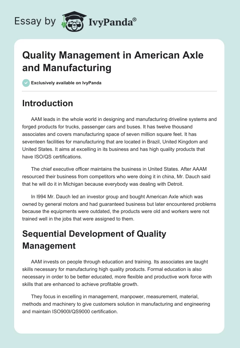 Quality Management in American Axle and Manufacturing. Page 1