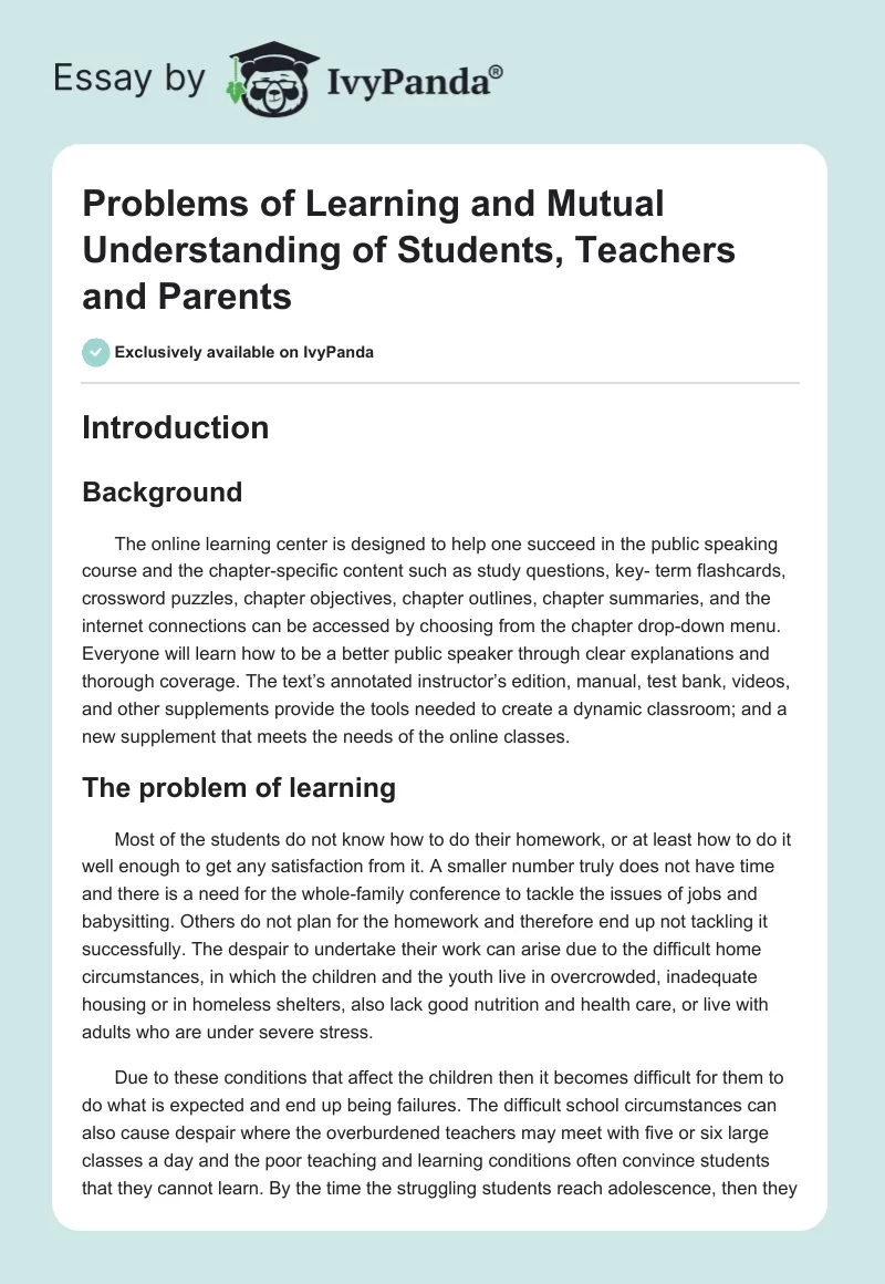 Problems of Learning and Mutual Understanding of Students, Teachers and Parents. Page 1