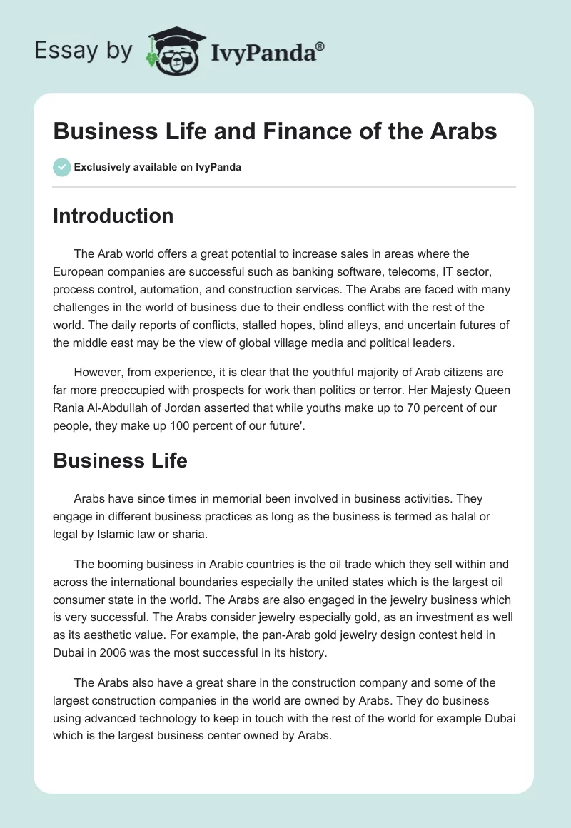 Business Life and Finance of the Arabs. Page 1