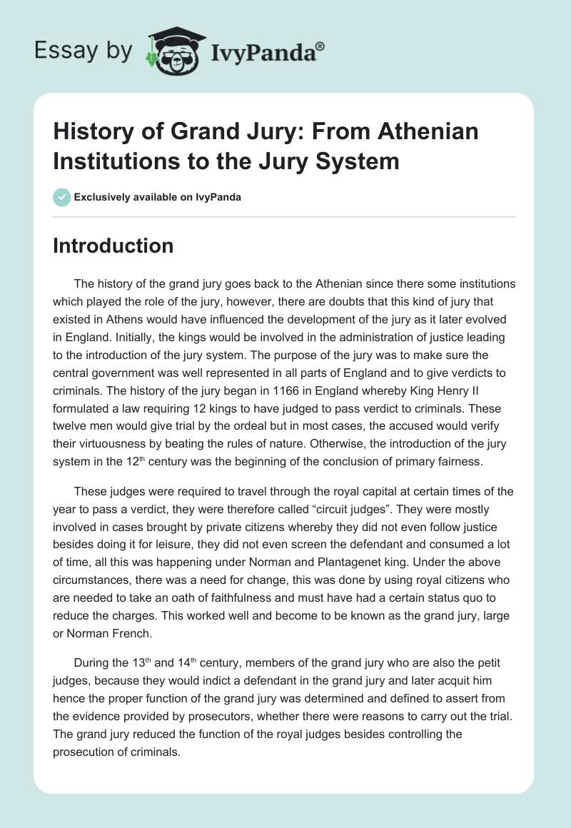 History of Grand Jury: From Athenian Institutions to the Jury System. Page 1