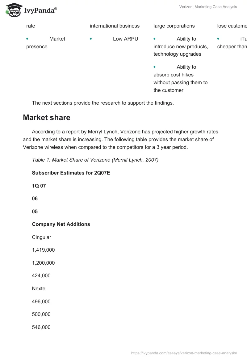 Verizon: Marketing Case Analysis. Page 3