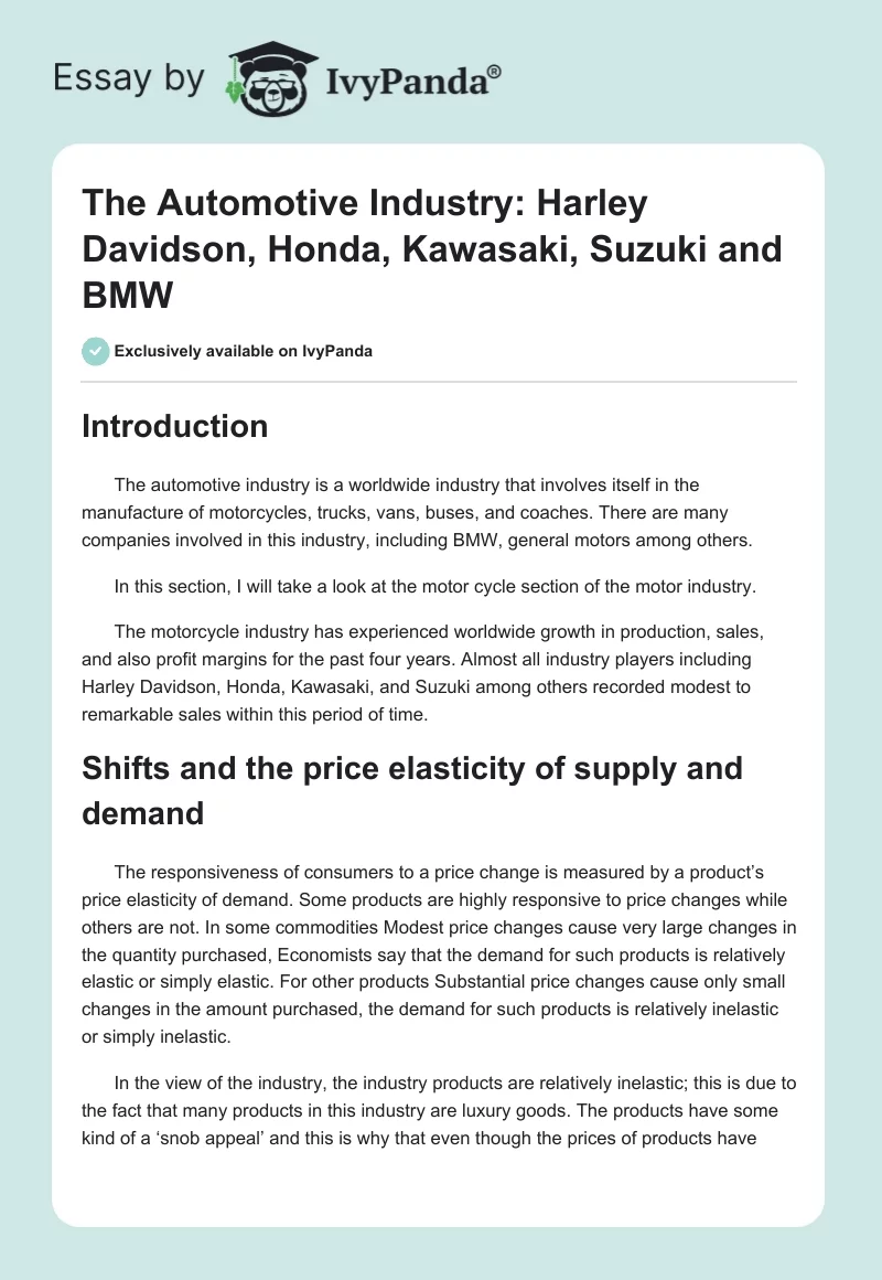 The Automotive Industry: Harley Davidson, Honda, Kawasaki, Suzuki and BMW. Page 1