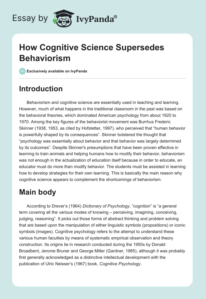 How Cognitive Science Supersedes Behaviorism. Page 1