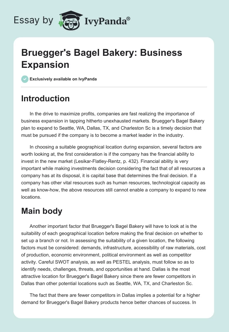 Bruegger's Bagel Bakery: Business Expansion. Page 1