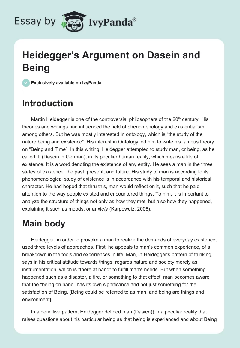 Heidegger’s Argument on Dasein and Being. Page 1