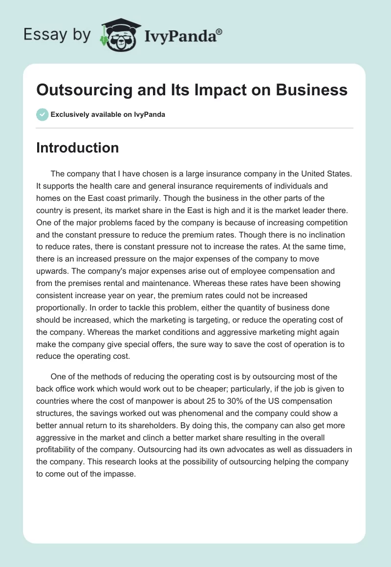 Outsourcing and Its Impact on Business. Page 1