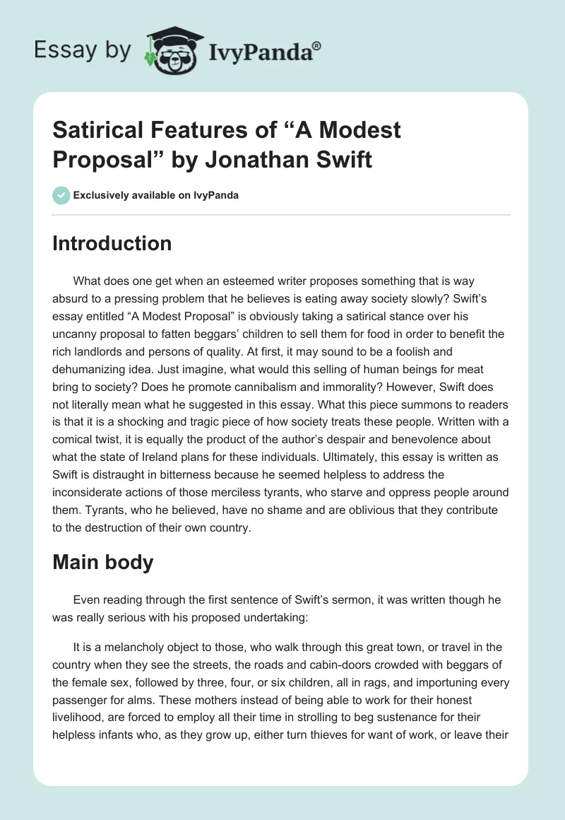 Satirical Features of “A Modest Proposal” by Jonathan Swift. Page 1