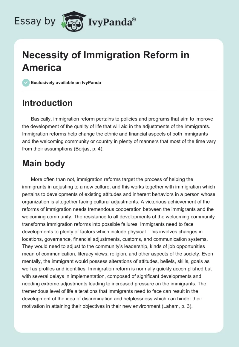 Necessity of Immigration Reform in America. Page 1