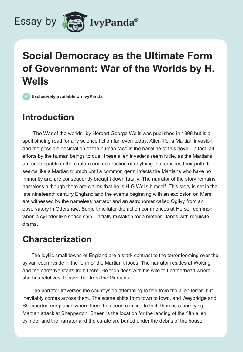 Social Democracy as the Ultimate Form of Government: "War of the Worlds" by H. Wells. Page 1