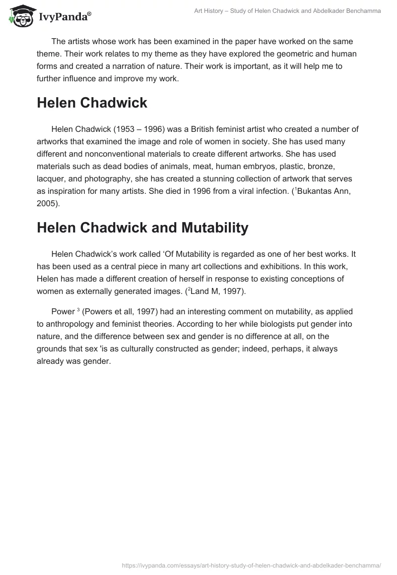 Art History – Study of Helen Chadwick and Abdelkader Benchamma. Page 2