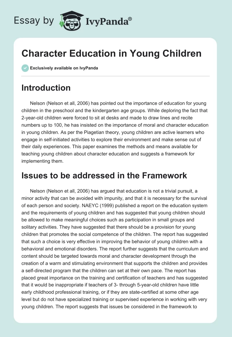 Character Education in Young Children. Page 1