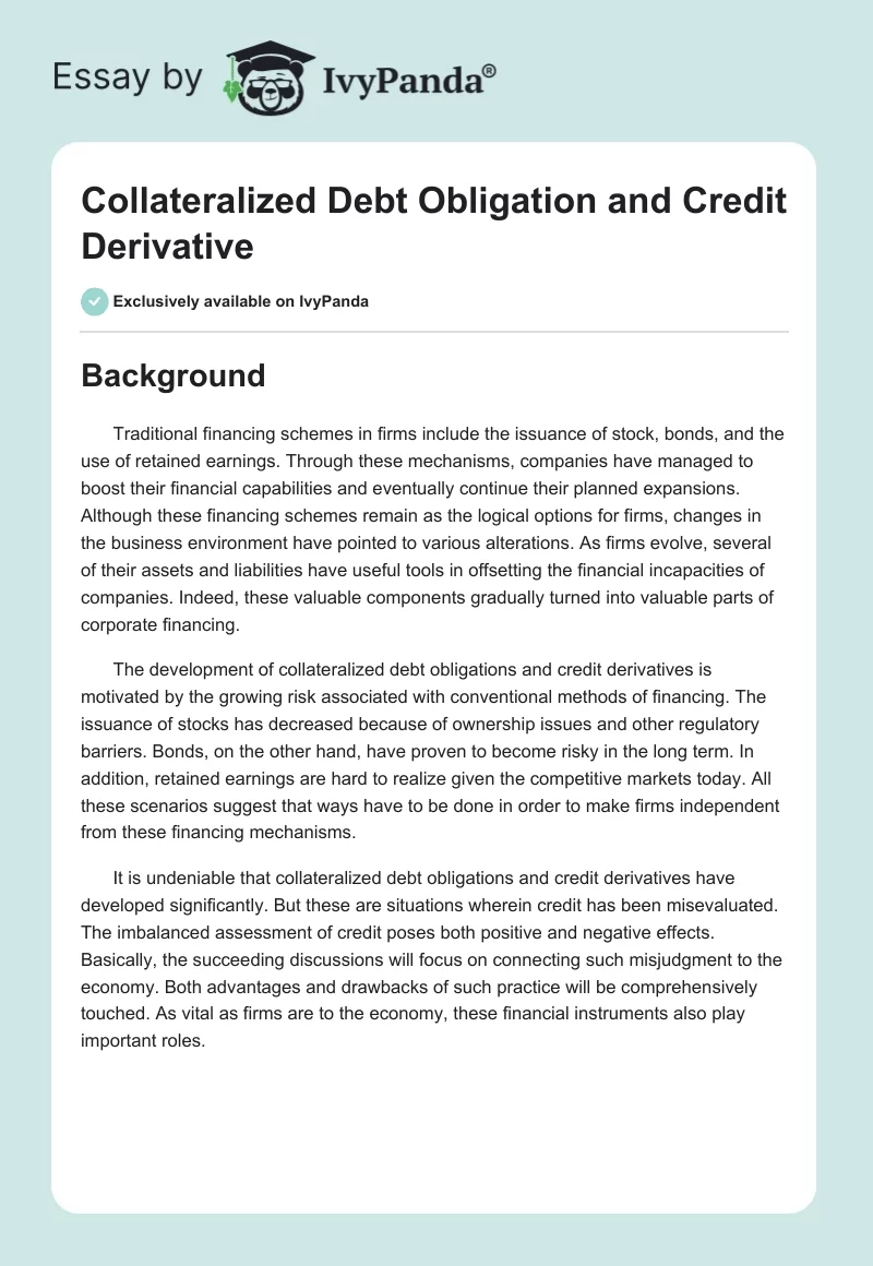 Collateralized Debt Obligation and Credit Derivative. Page 1